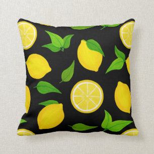 Summer Yellow Lemons Pattern on Black Throw Pillow