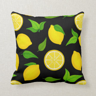Summer Yellow Lemons Pattern on Black Throw Pillow