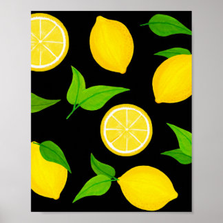 Summer Yellow Lemons with Green Leaves on Black Poster