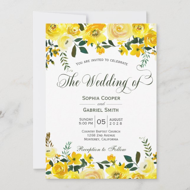 Summer yellow rose floral hand lettered wedding invitation (Front)