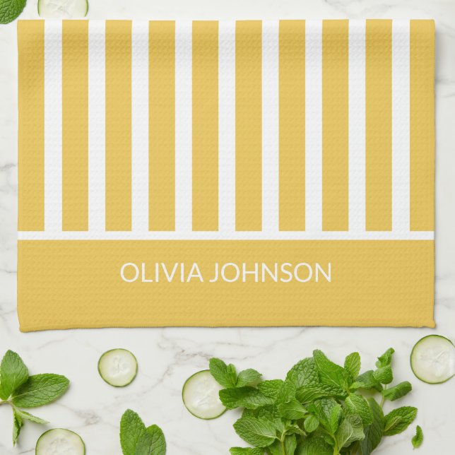 Summer Yellow Striped Customizable Name  Kitchen Towel (Folded)