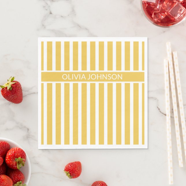 Summer Yellow Striped Customizable Name  Napkin (Insitu)