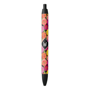 Summer Zinnias Monogram Black Ink Pen
