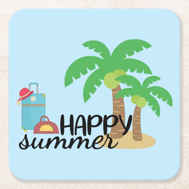 Summertime Happy Summer at the Beach Square Paper Coaster (Front)
