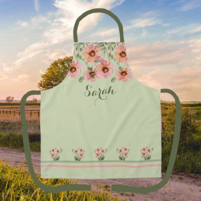 Summertime Personalized Name Green Floral Apron (Creator Uploaded)