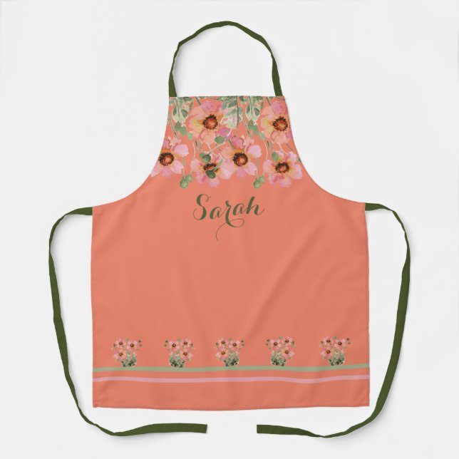 Summertime Personalized Name Orange Floral Apron (Front)