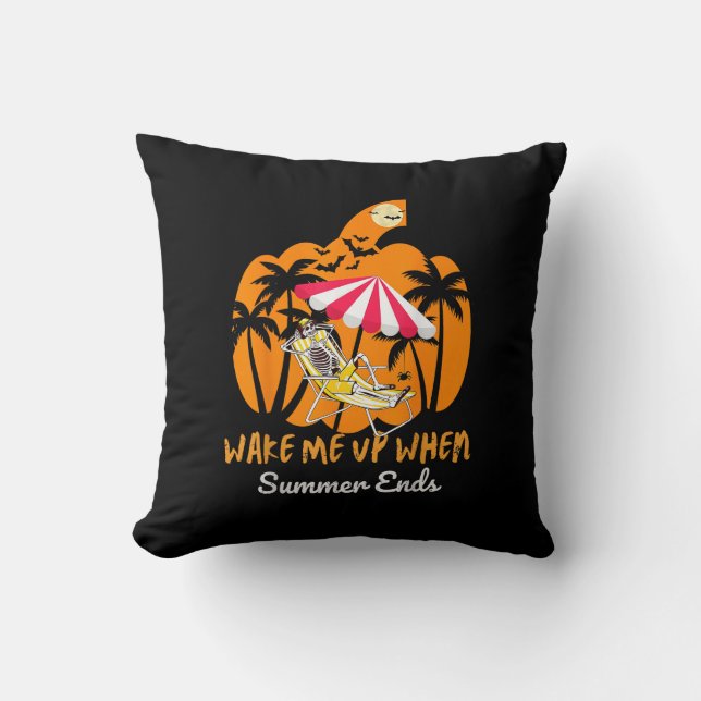 Summerween Beach Pumpkin Skeleton Funny Halloween  Throw Pillow (Front)