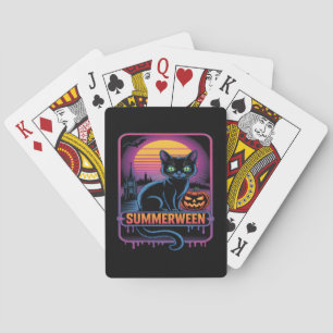 Summerween Black Cat Pumpkin Retro Halloween Art Playing Cards
