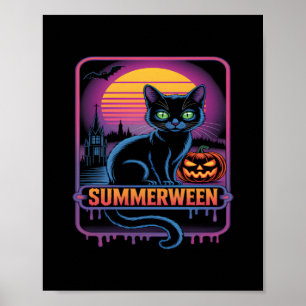 Summerween Black Cat Pumpkin Retro Halloween Art Poster