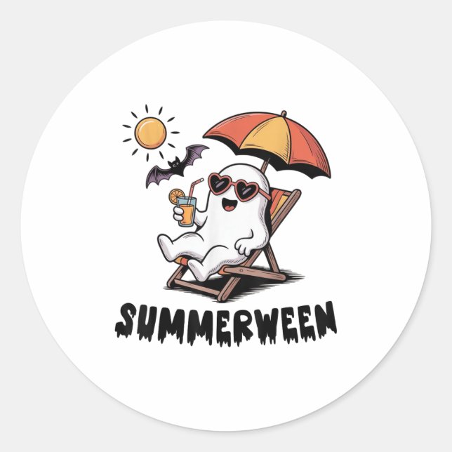 Summerween Cute Spooky Ghost With Summer Vibes For Classic Round Sticker (Front)