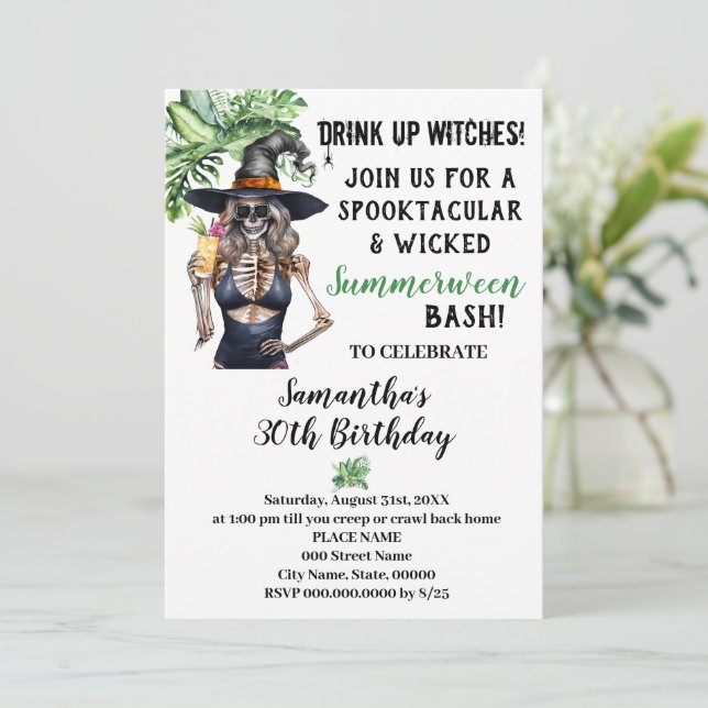 Summerween Drink Up Witches Pool Birthday Party Invitation (Standing Front)