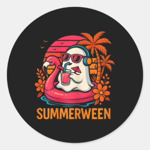 Summerween Funny Ghost Halloween Summer Flamingo B Classic Round Sticker