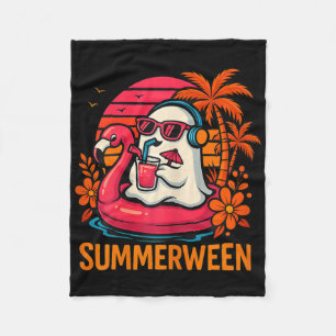 Summerween Funny Ghost Halloween Summer Flamingo B Fleece Blanket
