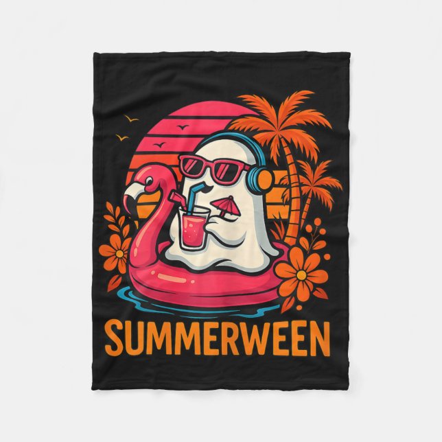 Summerween Funny Ghost Halloween Summer Flamingo B Fleece Blanket (Front)