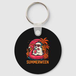 Summerween Funny Ghost Halloween Summer Flamingo B Keychain