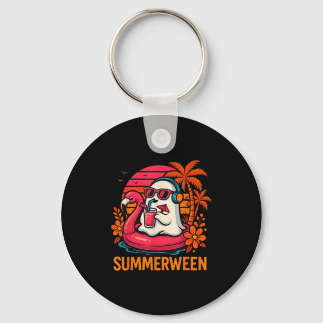 Summerween Funny Ghost Halloween Summer Flamingo B Keychain (Front)