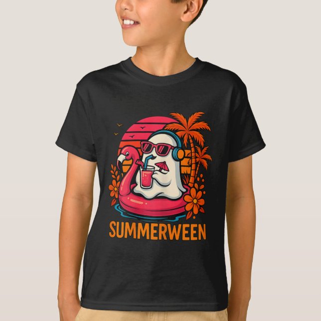 Summerween Funny Ghost Halloween Summer Flamingo B T-Shirt (Front)