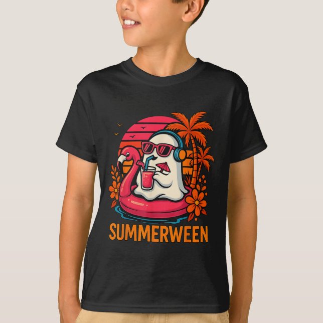 Summerween Funny Ghost Halloween Summer Flamingo B T-Shirt (Front)