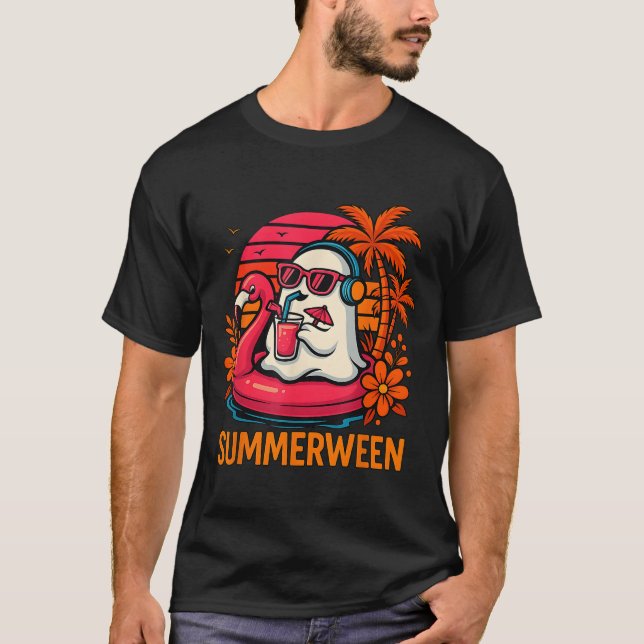 Summerween Funny Ghost Halloween Summer Flamingo B T-Shirt (Front)
