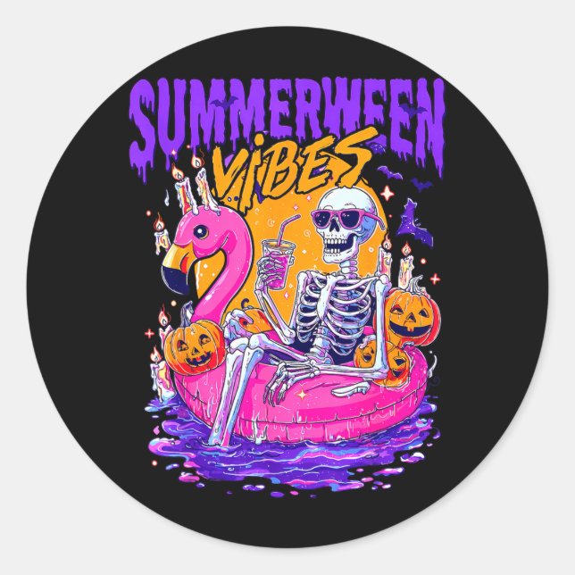 Summerween Funny Skeletons Halloween Floating Pool Classic Round Sticker (Front)