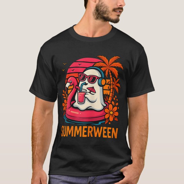 Summerween Ghost Halloween Summer Flamingo Beach  T-Shirt (Front)