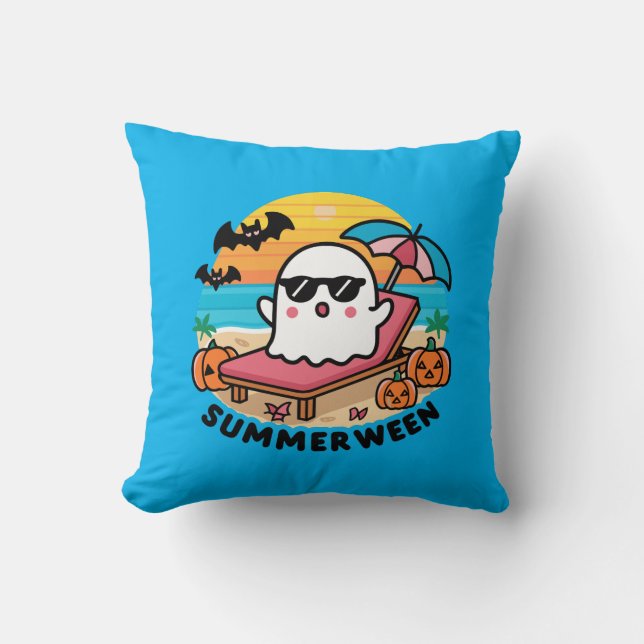 Summerween - ghost on sunbed throw pillow (Front)