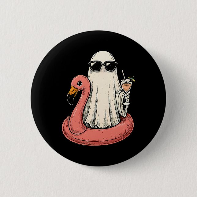 Summerween Ghost With Flamingo Floatie Womens Hall 2 Inch Round Button (Front)