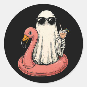 Summerween Ghost With Flamingo Floatie Womens Hall Classic Round Sticker