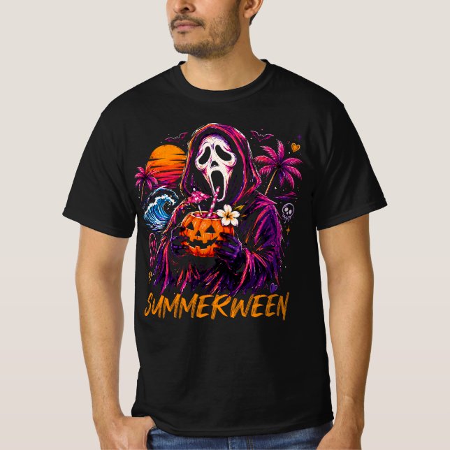 Summerween Ghostface Pumpkin Beach T-Shirt (Front)
