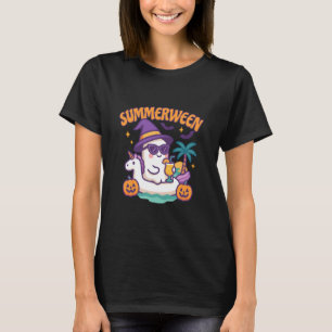 Summerween Ghoul Ghost Flamingo Pool Beach Hallowe T-Shirt