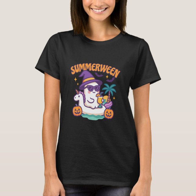 Summerween Ghoul Ghost Flamingo Pool Beach Hallowe T-Shirt (Front)