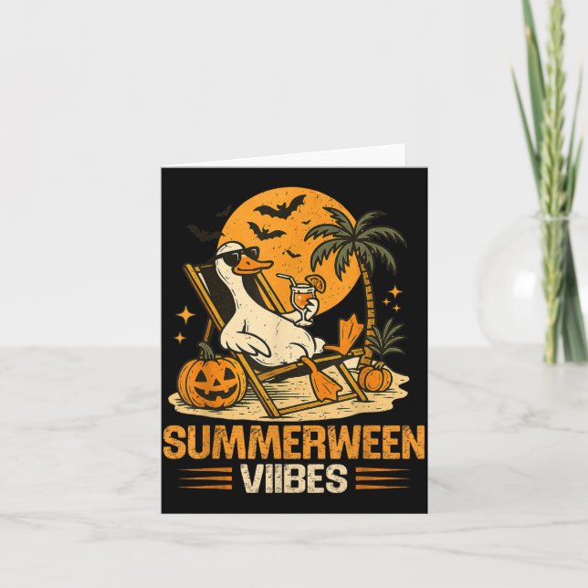 Summerween Goose Spooky Halloween Pumpkin Beach Card (Front)