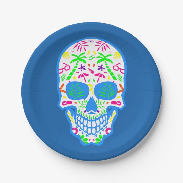 summerween halloween summer sugar skull tropical paper plate (Front)