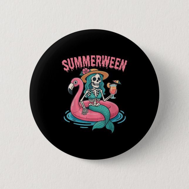 Summerween Mermaid Skeleton Beach Flamingo Hallowe 2 Inch Round Button (Front)