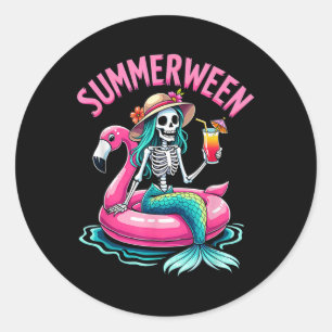 Summerween Mermaid Skeleton Beach Flamingo Hallowe Classic Round Sticker