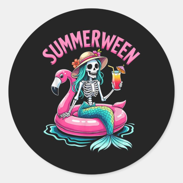 Summerween Mermaid Skeleton Beach Flamingo Hallowe Classic Round Sticker (Front)