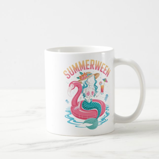 Summerween Mermaid Skeleton Beach Flamingo Hallowe Coffee Mug (Right)
