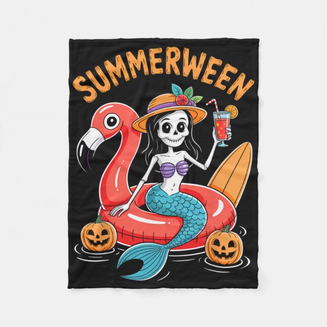 Summerween Mermaid Skeleton Beach Flamingo Hallowe Fleece Blanket (Front)
