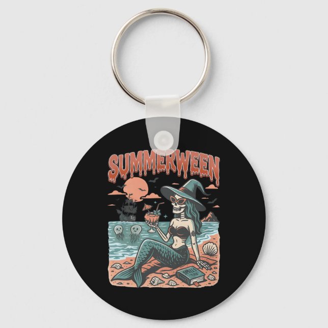 Summerween Mermaid Skeleton Beach Flamingo Hallowe Keychain (Front)
