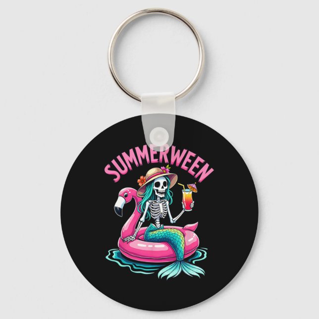 Summerween Mermaid Skeleton Beach Flamingo Hallowe Keychain (Front)