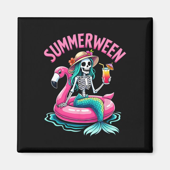 Summerween Mermaid Skeleton Beach Flamingo Hallowe Magnet (Front)