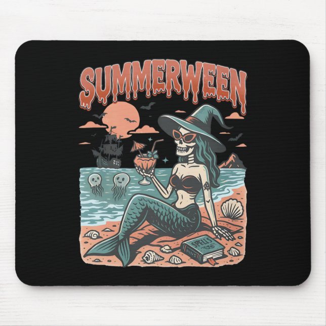 Summerween Mermaid Skeleton Beach Flamingo Hallowe Mouse Pad (Front)