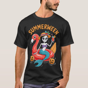 Summerween Mermaid Skeleton Beach Flamingo Hallowe T-Shirt