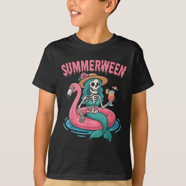 Summerween Mermaid Skeleton Beach Flamingo Hallowe T-Shirt (Front)