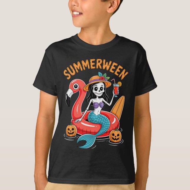 Summerween Mermaid Skeleton Beach Flamingo Hallowe T-Shirt (Front)