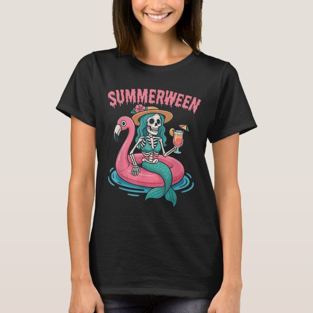 Summerween Mermaid Skeleton Beach Flamingo Hallowe T-Shirt (Front)