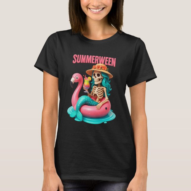Summerween Mermaid Skeleton Beach Flamingo Hallowe T-Shirt (Front)