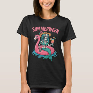 Summerween Mermaid Skeleton Beach Flamingo Hallowe T-Shirt