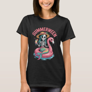 Summerween Mermaid Skeleton Flamingo Beach Hallowe T-Shirt