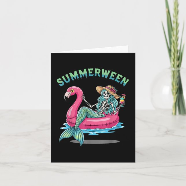 Summerween Mermaid Skeleton Flamingo Float Hallowe Card (Front)